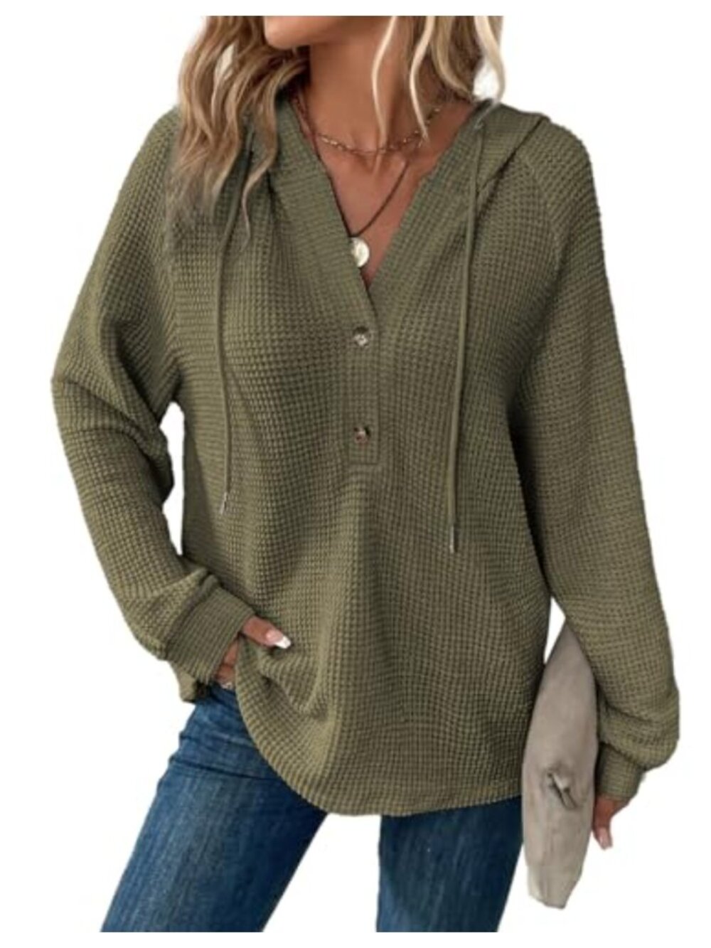 Waffle Knit V Neck Button Front Oversized Hoodie Sweatshirt Pullover